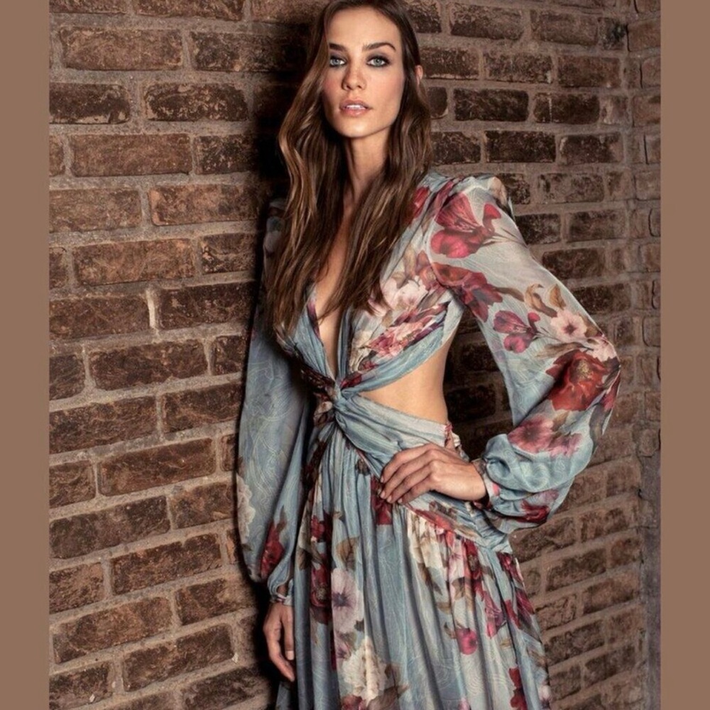 PatBo Peony Floral Cutout Deep V Long Sleeve Dress with Open Back
